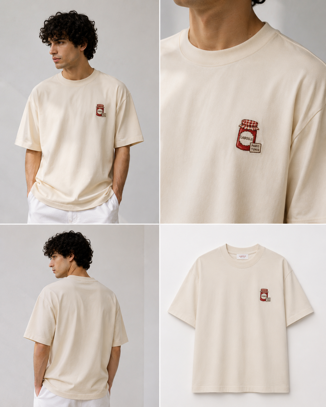 Planche détails capsule tee LABOUJI — broderie pot de harissa, vues face dos et à plat